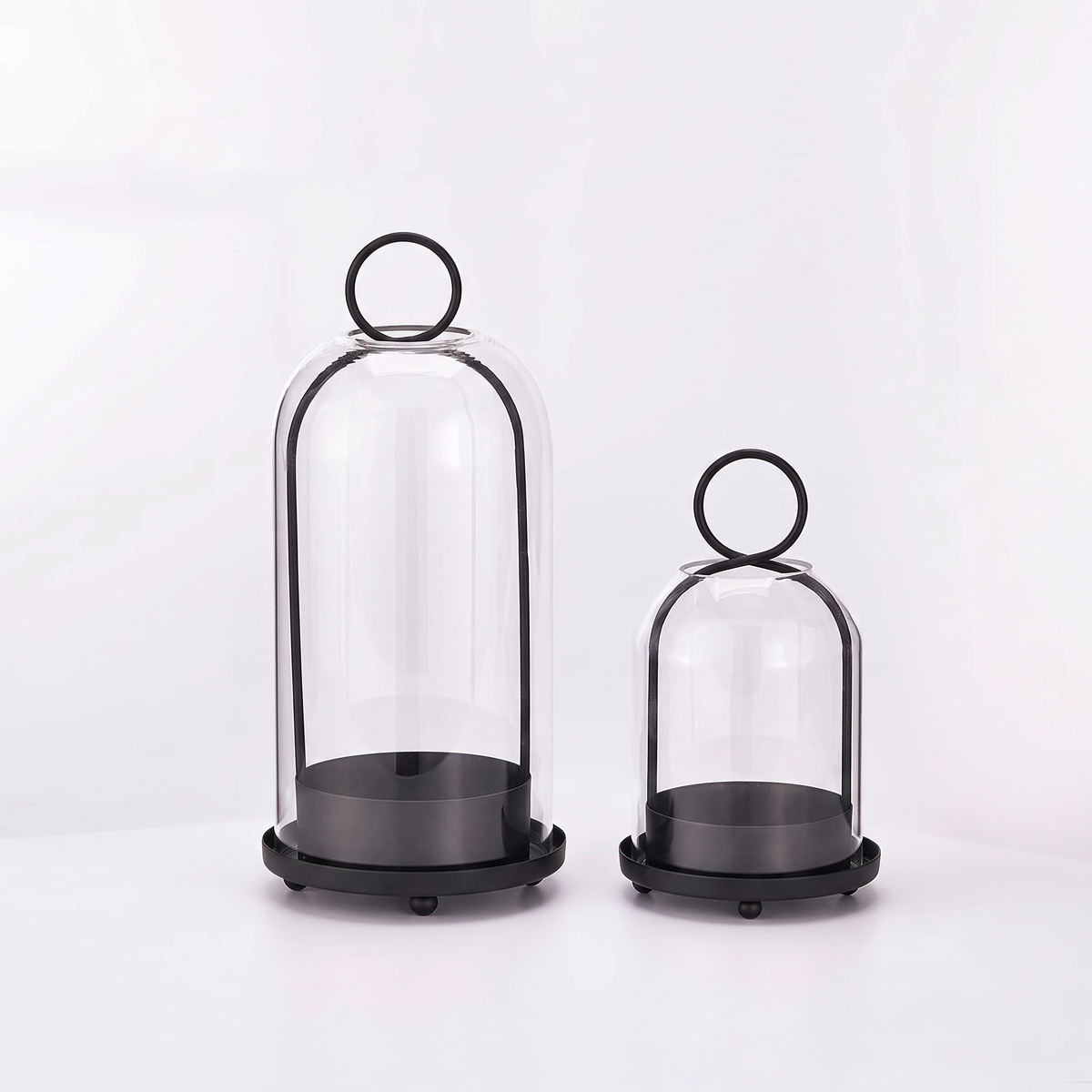 Glass dome candle lantern – Black – Set of 2 (Small + Large), on a white background