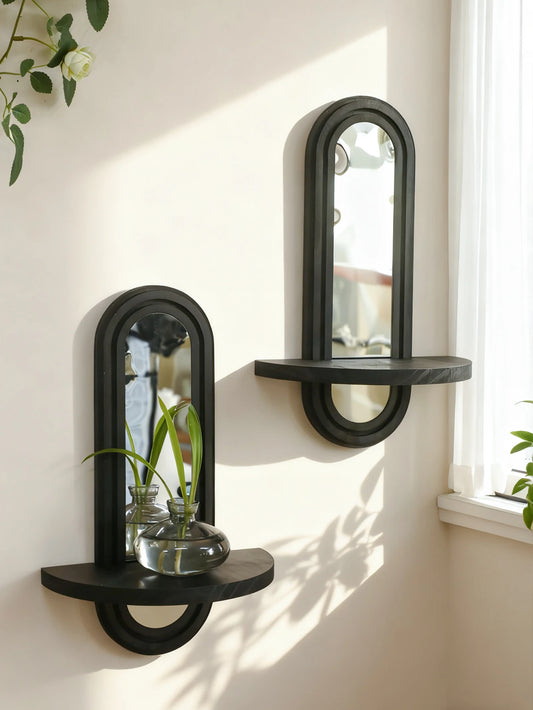 Black Arched Wall Mirror with Shelf