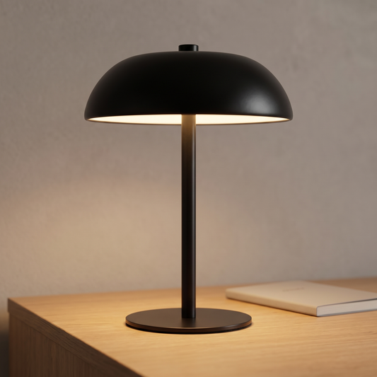 Black cordless mushroom table lamp displayed in a warm modern interior
