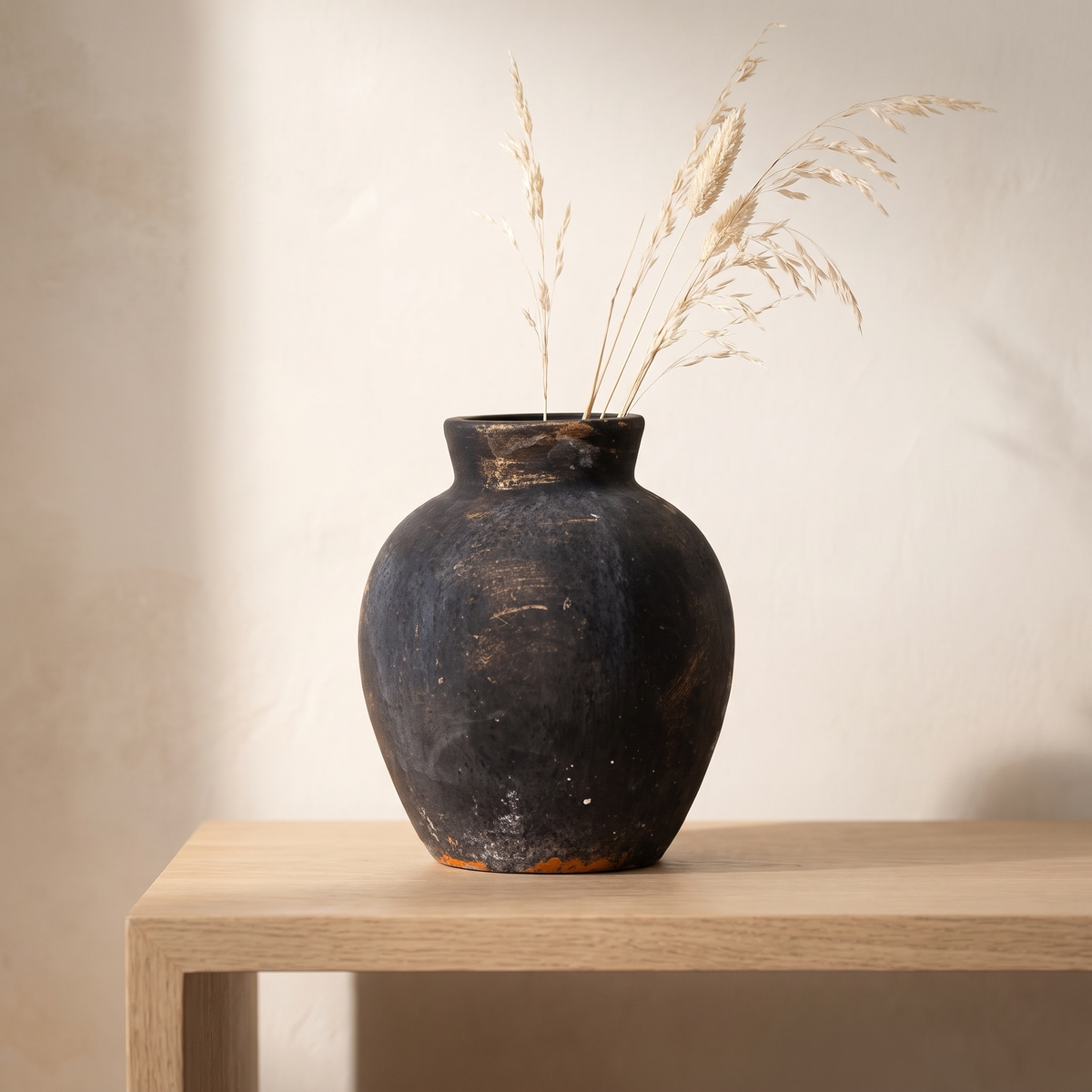 Black wabi-sabi ceramic jar displayed in a warm modern interior