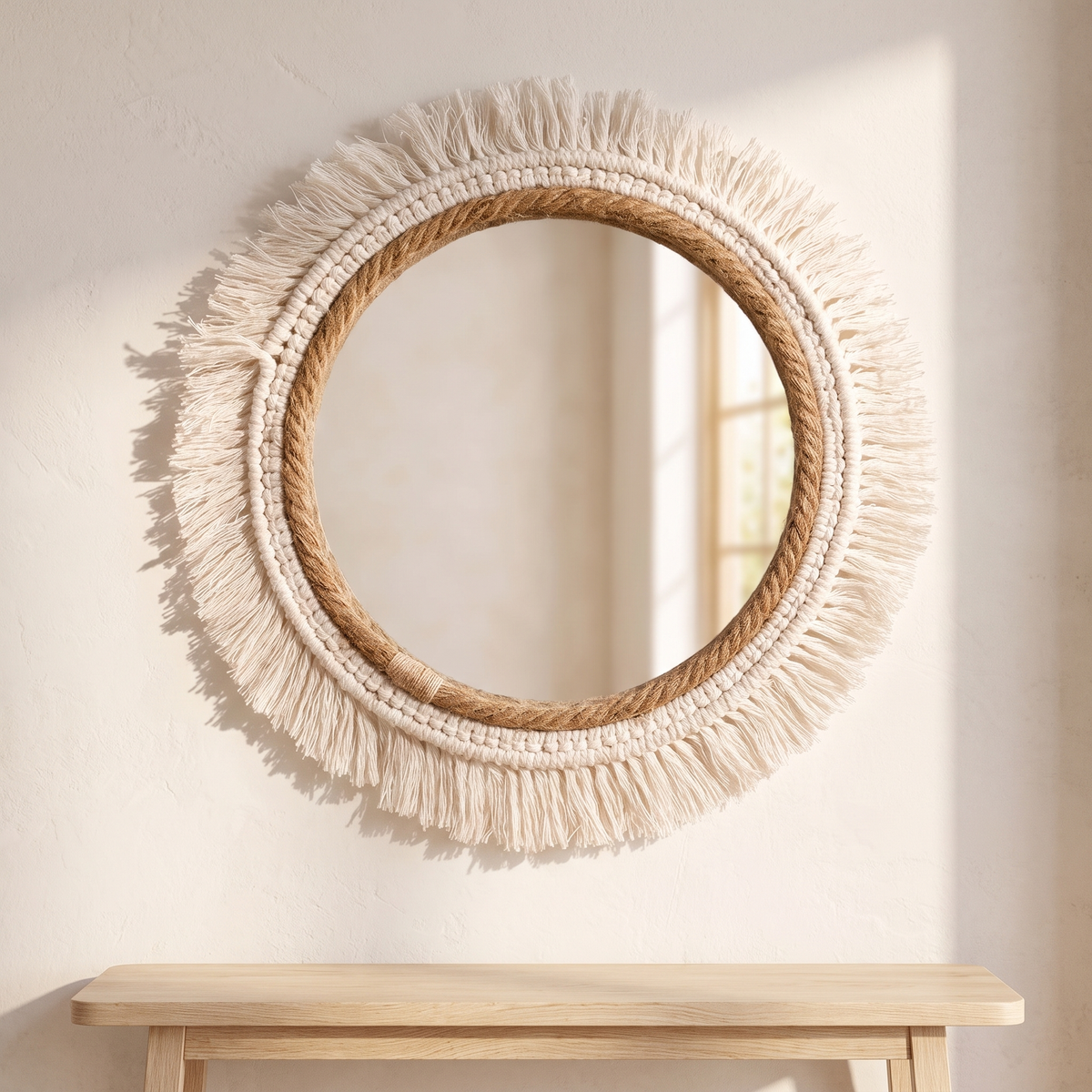 Boho macrame fringe round wall mirror displayed in a warm modern interior
