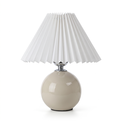 Ceramic lamp with pleated shade – Beige Base, White Shade, on a white background