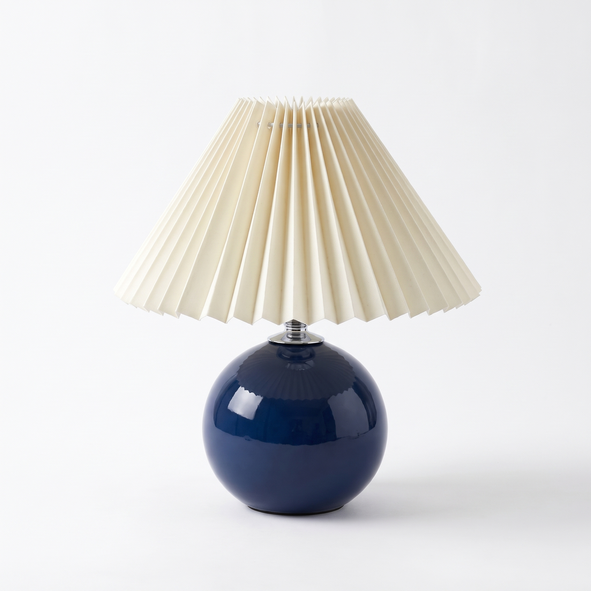 Ceramic table lamp with pleated shade – Navy Base, Yellow Shade, on a white background