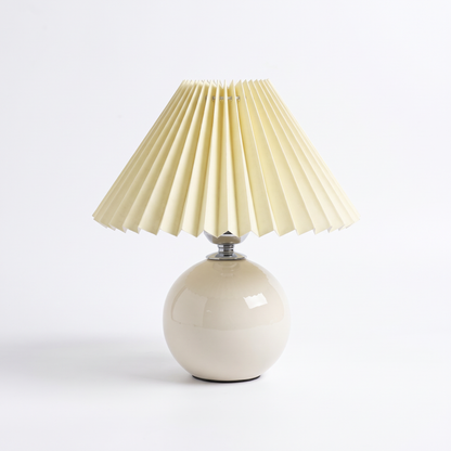 Ceramic table lamp with pleated shade – Rice White Base, Yellow Shade, on a white background