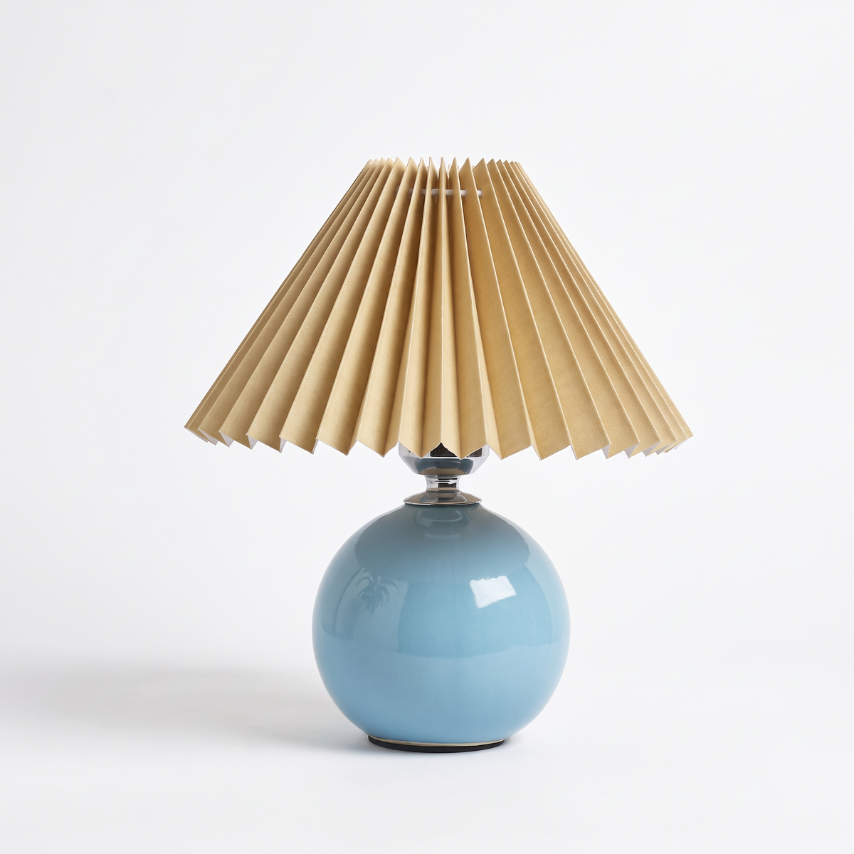 Ceramic table lamp with pleated shade – Sky Blue Base, Coffee Shade, on a white background