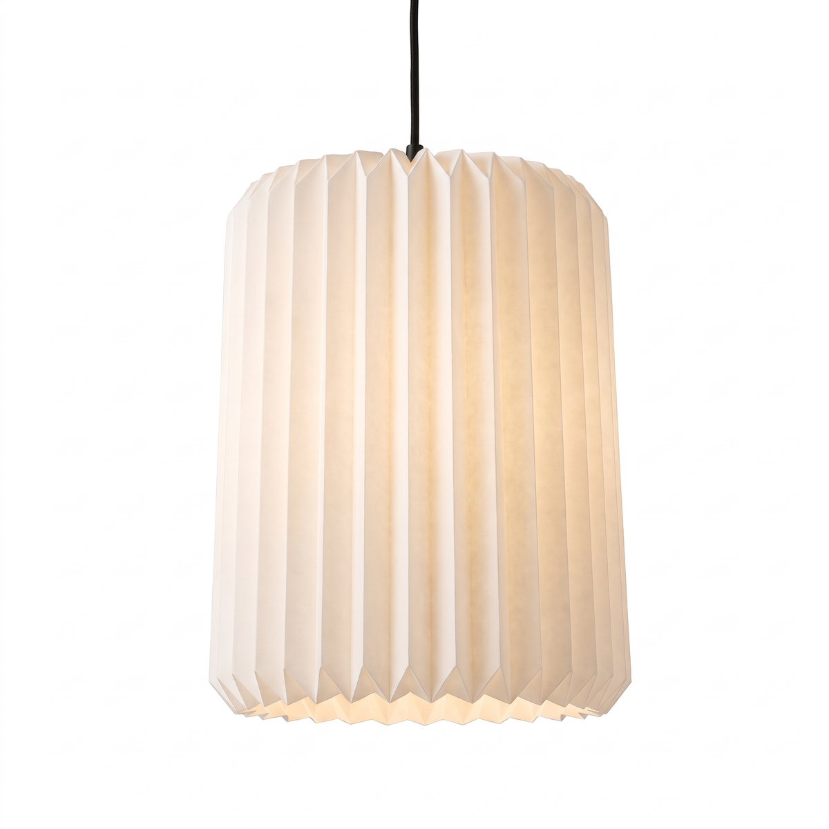 Folded paper pendant lampshade on a white background
