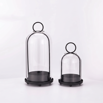 Glass dome candle lantern – Black – Set of 2 (Small + Large), on a white background