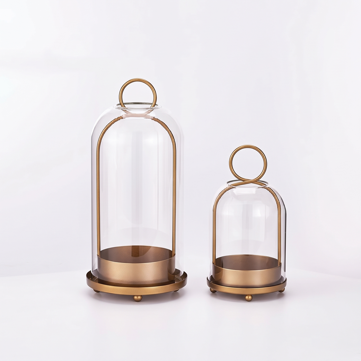 Glass dome candle lantern – Gold – Set of 2 (Small + Large), on a white background