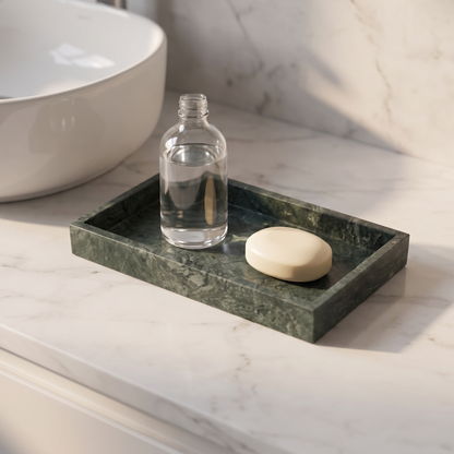 Green marble rectangular tray displayed in a warm modern interior