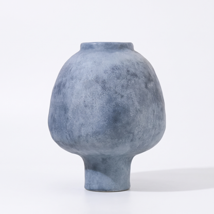 Handmade stoneware pedestal vase – Blue, on a white background
