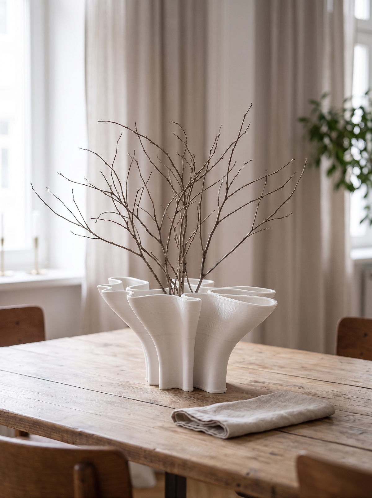 Ceramic vase holding dried branches on a dining table