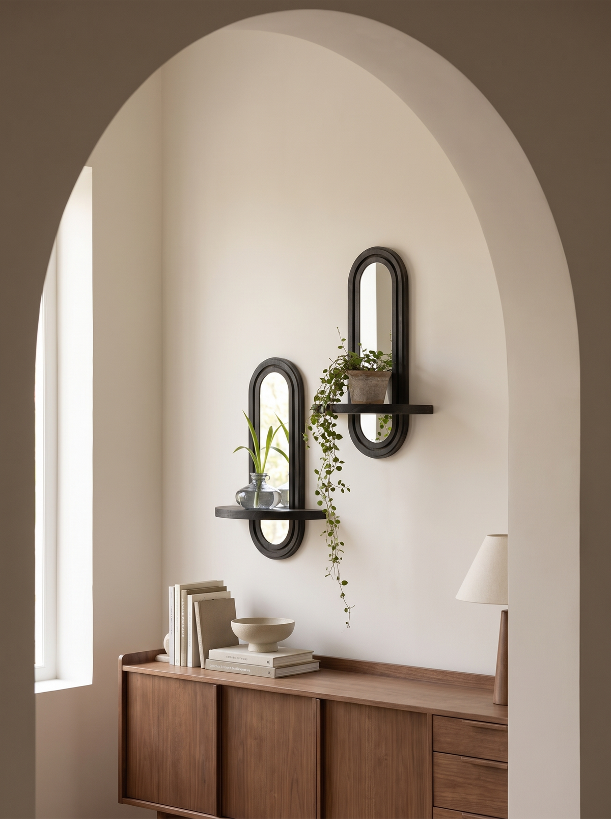 Black arched wall mirror above a sideboard