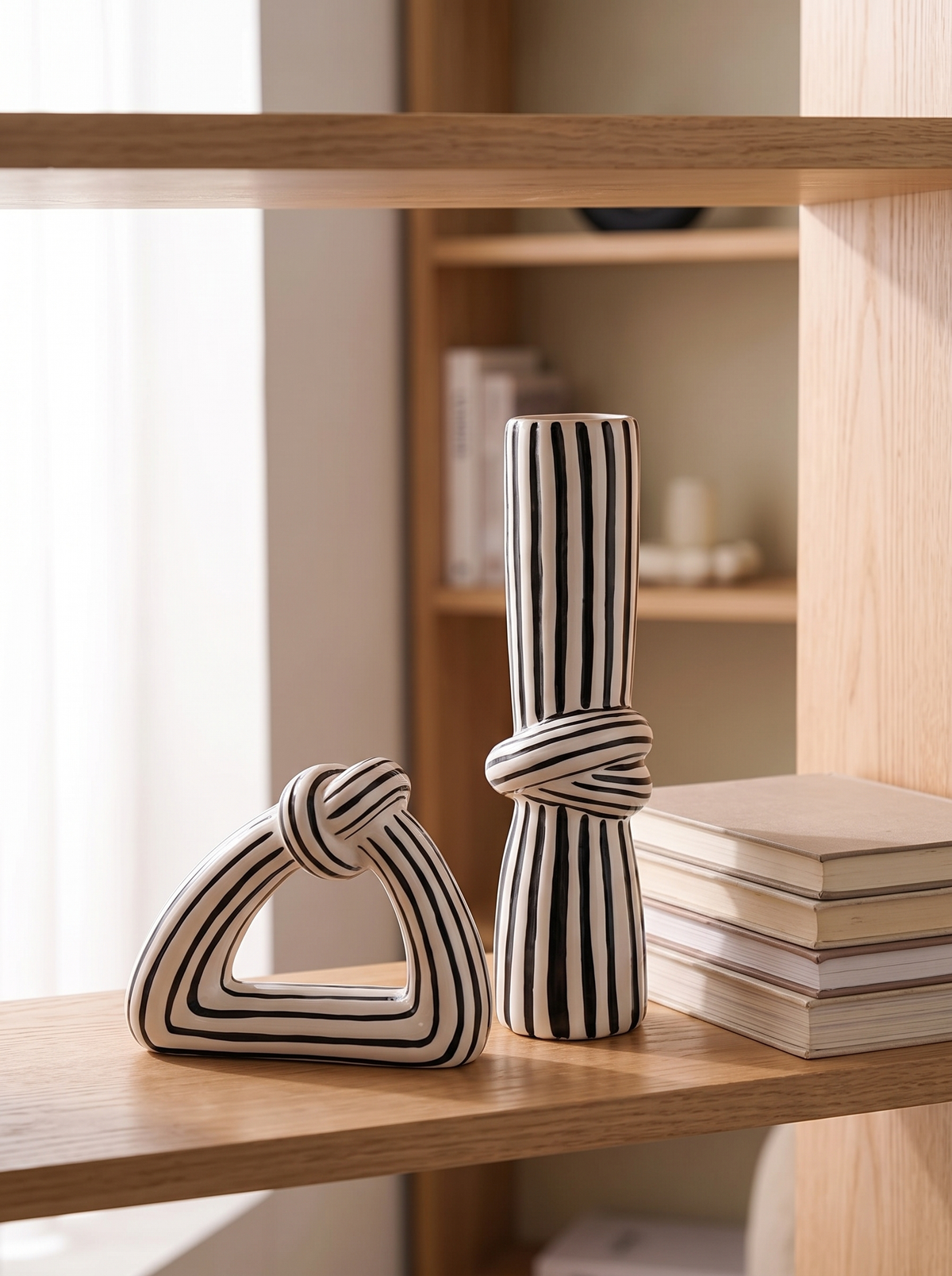 Sculptural vase on a shelf beside books