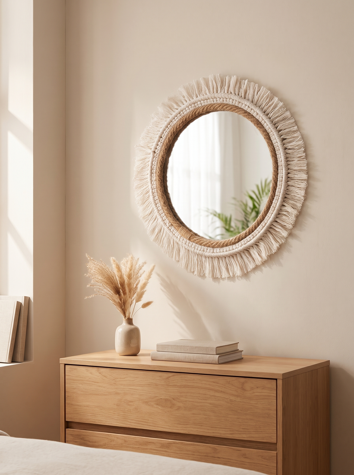 Woven boho mirror above a low dresser