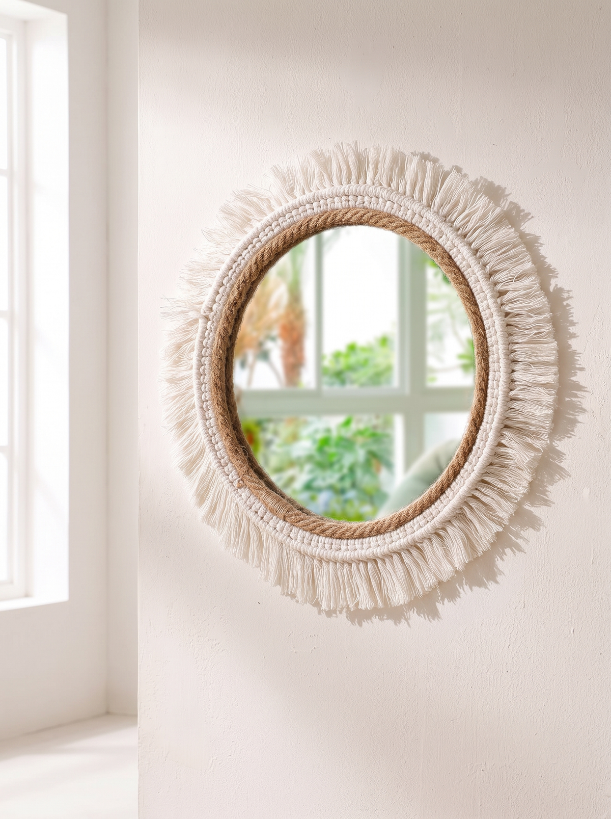 Woven mirror on a bare painted wall