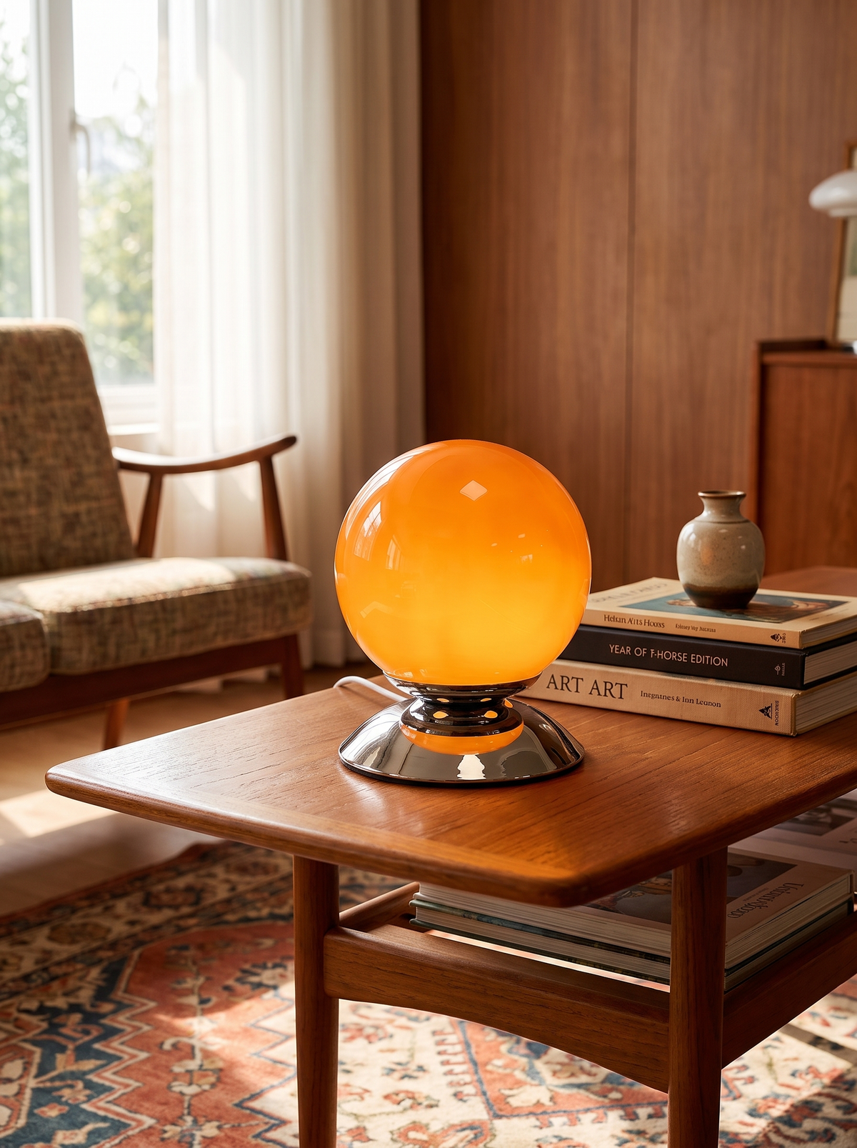 Glass globe plinth lamp on a retro coffee table