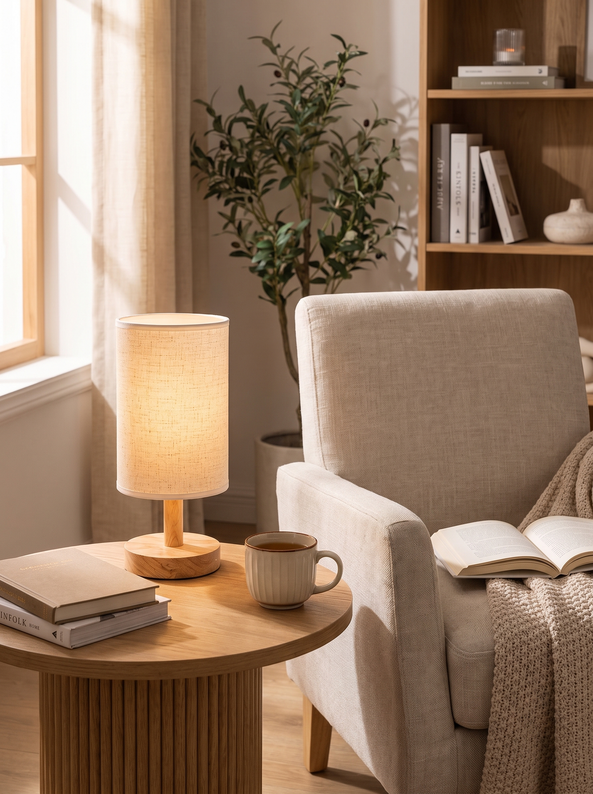 Linen shade lamp beside a reading armchair