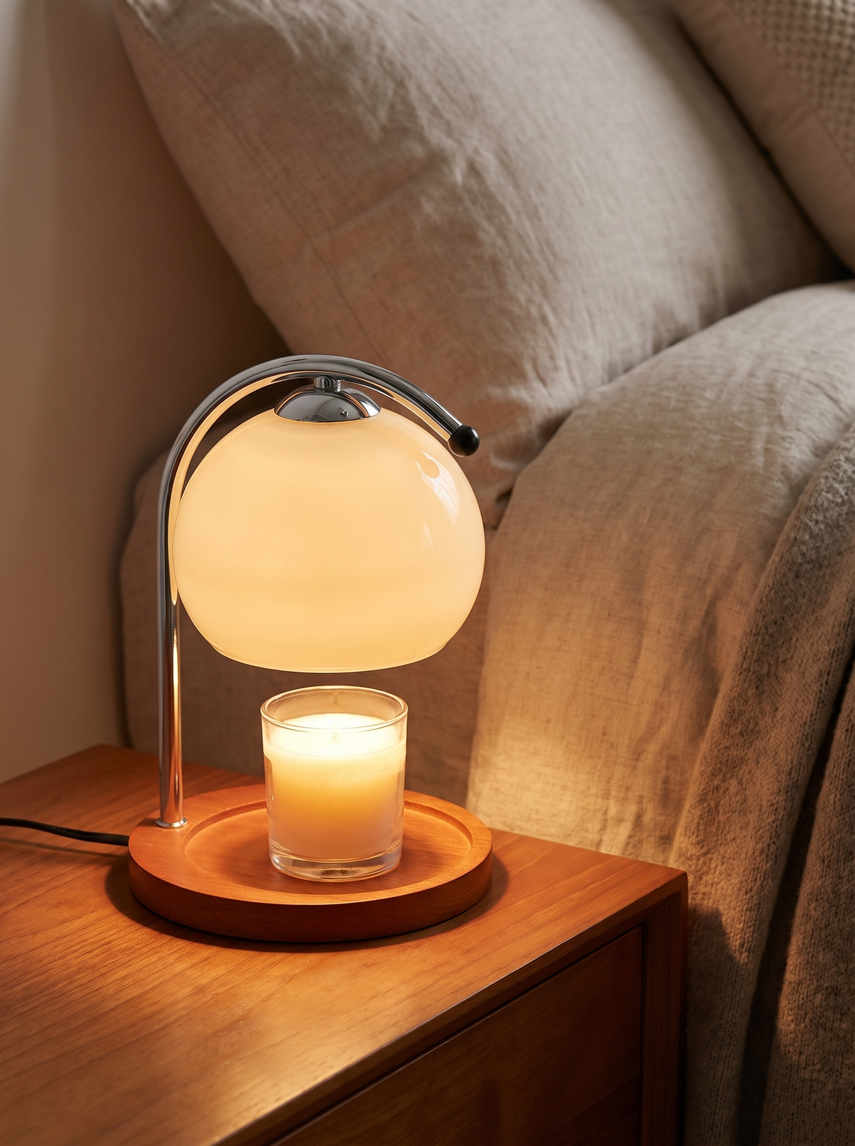 Candle warmer lamp over a jar candle on a bedside table