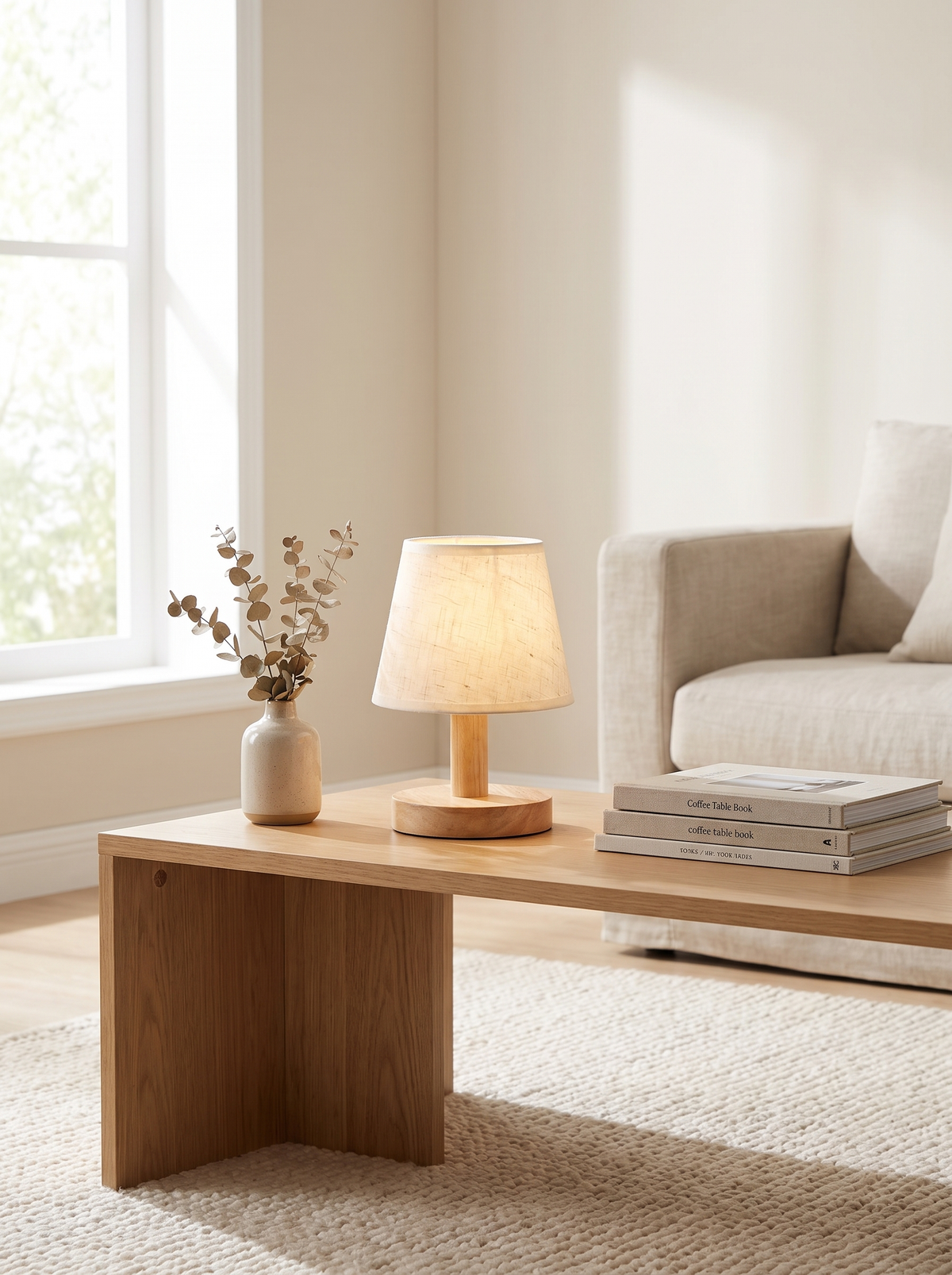 Minimalist wooden lamp on a living room console