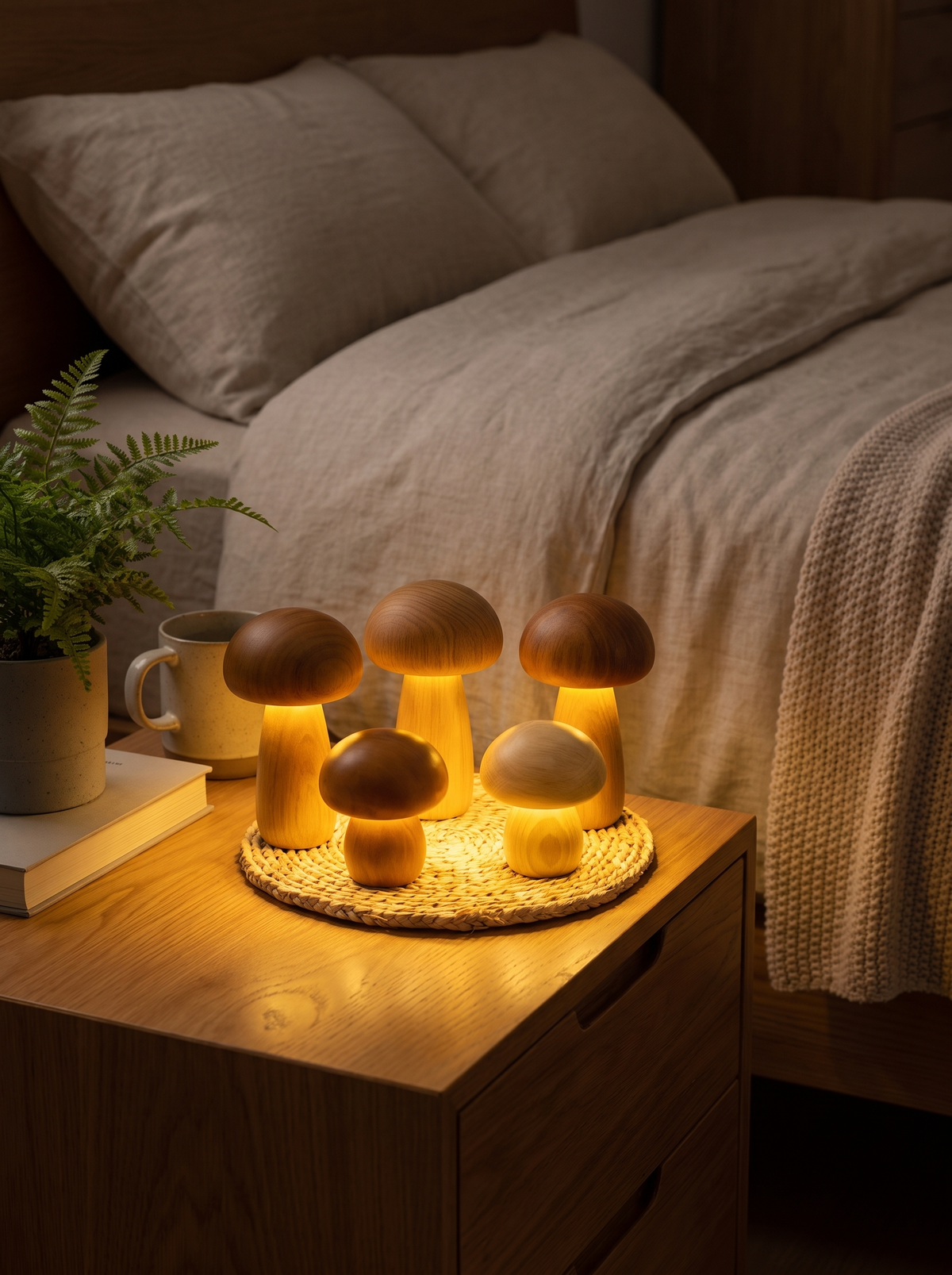 Touch dimming mushroom lamp beside a bed