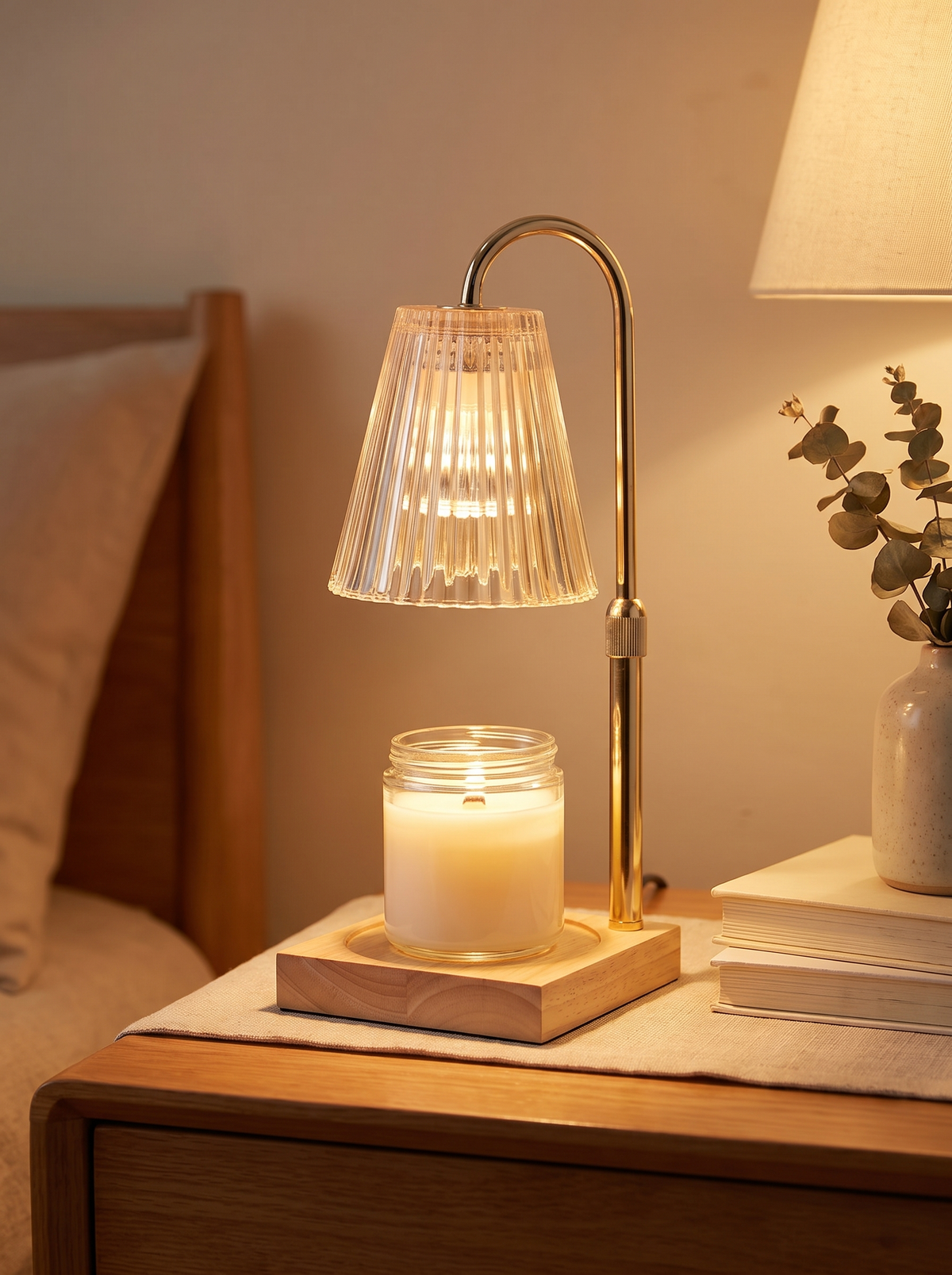 Candle warmer lamp over a jar candle at the bedside