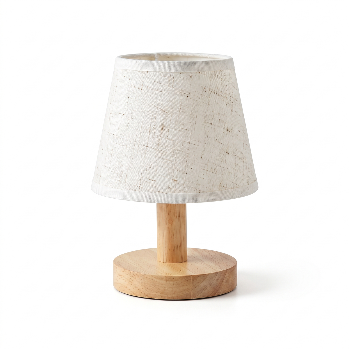 Minimalist wooden table lamp with linen shade on a white background