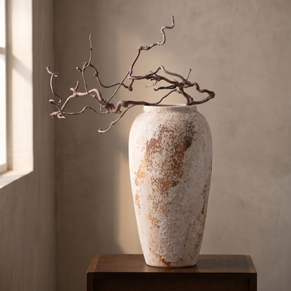 Mottled wabi-sabi ceramic jar vase displayed in a warm modern interior