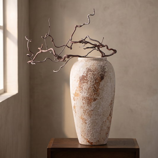 Mottled wabi-sabi ceramic jar vase displayed in a warm modern interior