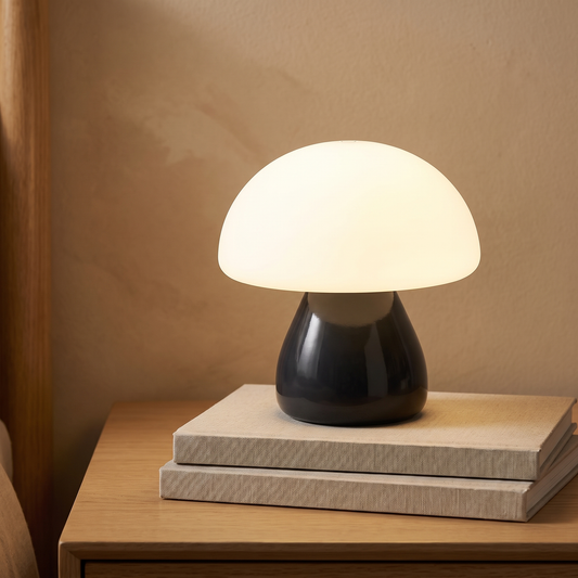 Mushroom LED night lamp displayed in a warm modern interior