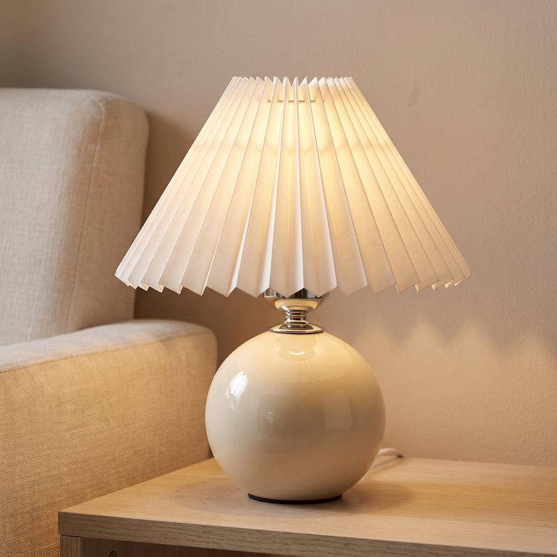 Japanese-Style Ceramic Table Lamp with Pleated Shade