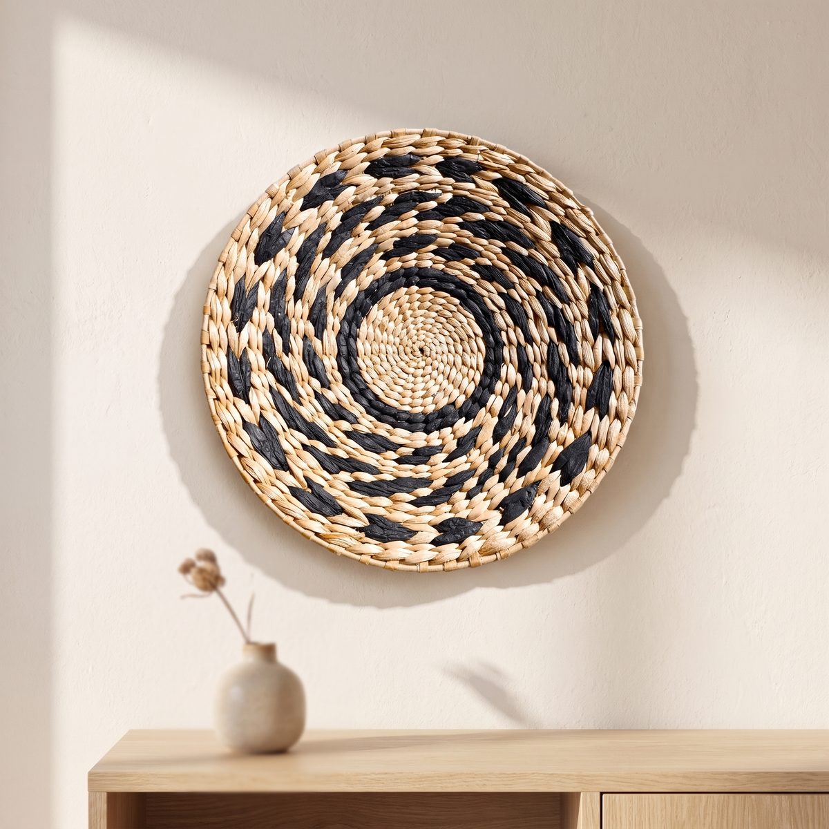 Seagrass woven wall basket displayed in a warm modern interior