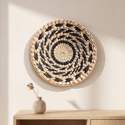 Seagrass woven wall basket displayed in a warm modern interior