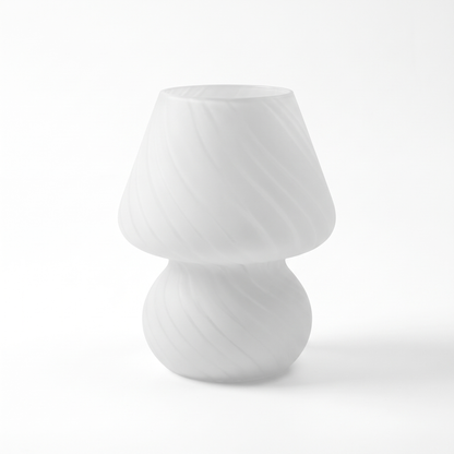 Swirl glass mushroom lamp – Frosted White, on a white background
