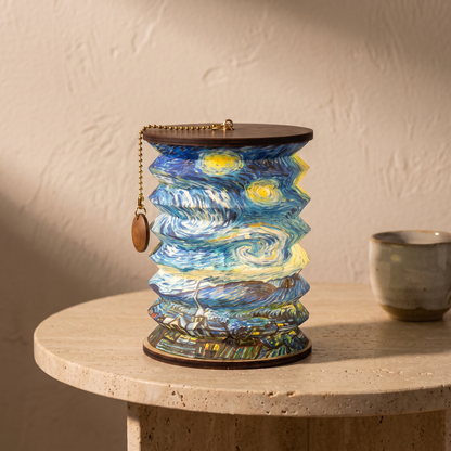 Van Gogh folding paper lantern lamp displayed in a warm modern interior