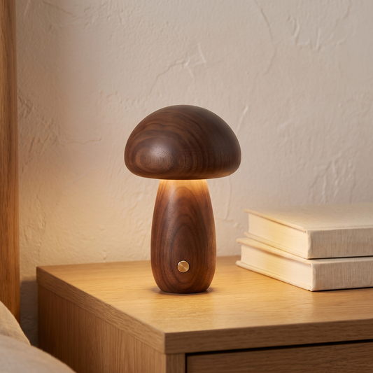 Walnut wood mushroom LED lamp displayed in a warm modern interior