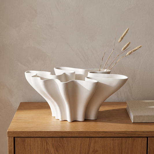 White ceramic coral sculpture vase displayed in a warm modern interior