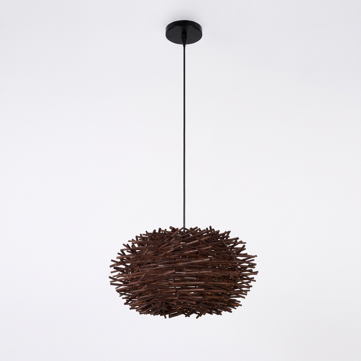 Wooden fin dome pendant light – Dark Bird's Nest (30 cm), on a white background