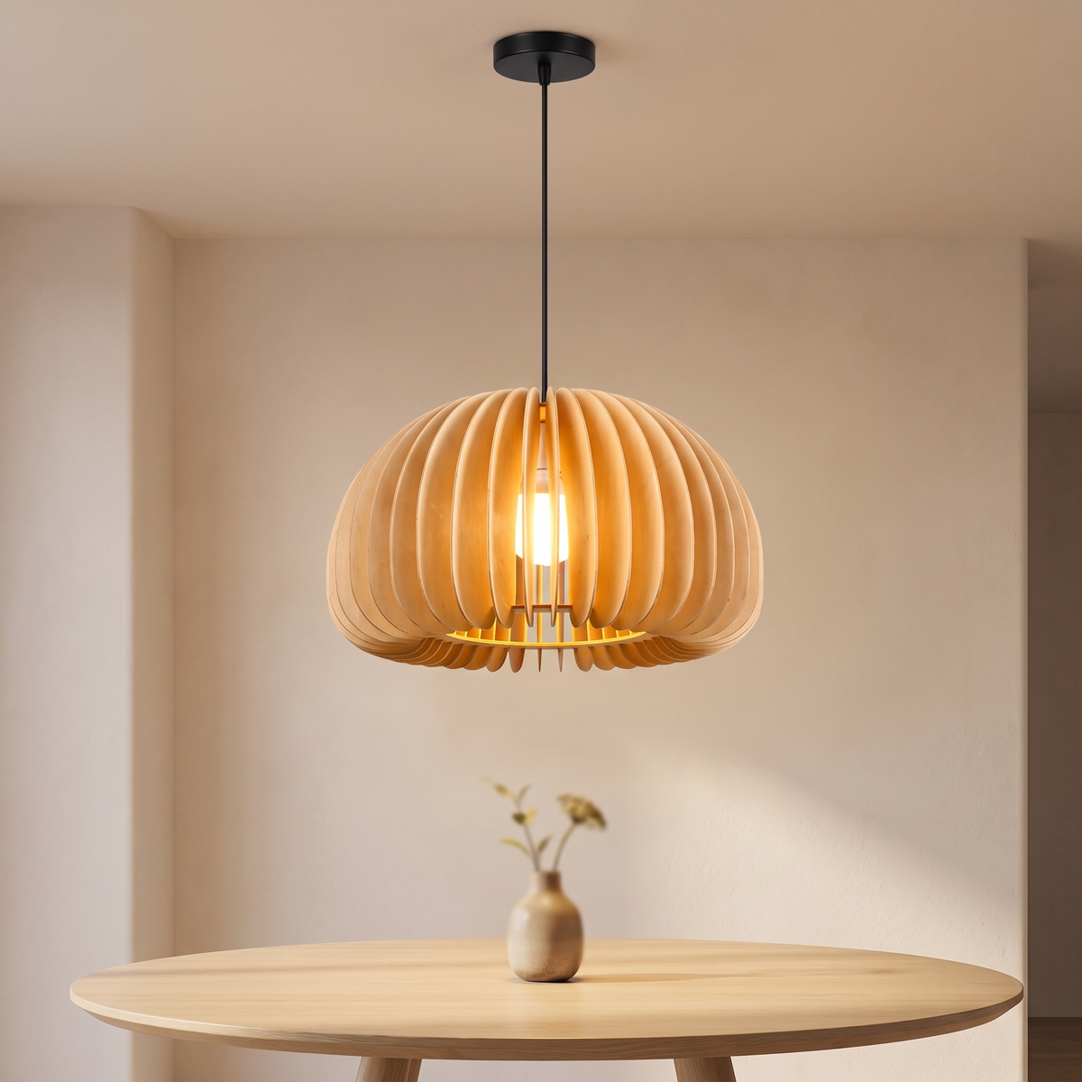 Wooden fin dome pendant light displayed in a warm modern interior