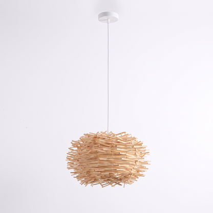 Wooden fin dome pendant light – Natural Bird's Nest (30 cm), on a white background