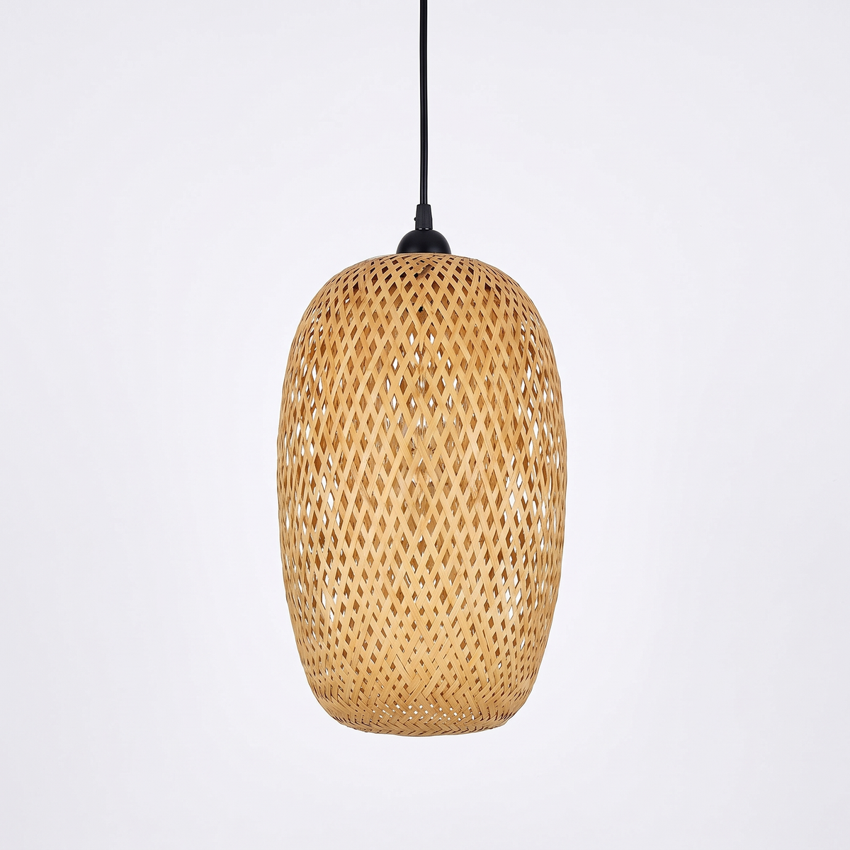 Wooden fin dome pendant light – Oval Lantern (23 cm), on a white background