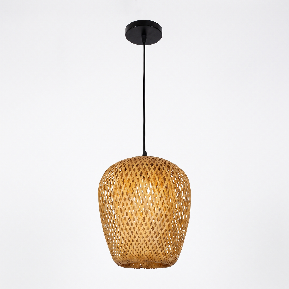 Wooden fin dome pendant light – Round Lantern (20 cm), on a white background