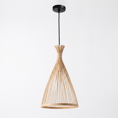 Wooden fin dome pendant light – Slim Cone (21 cm), on a white background