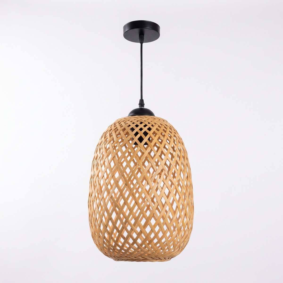 Wooden fin dome pendant light – Small Egg (16 cm), on a white background