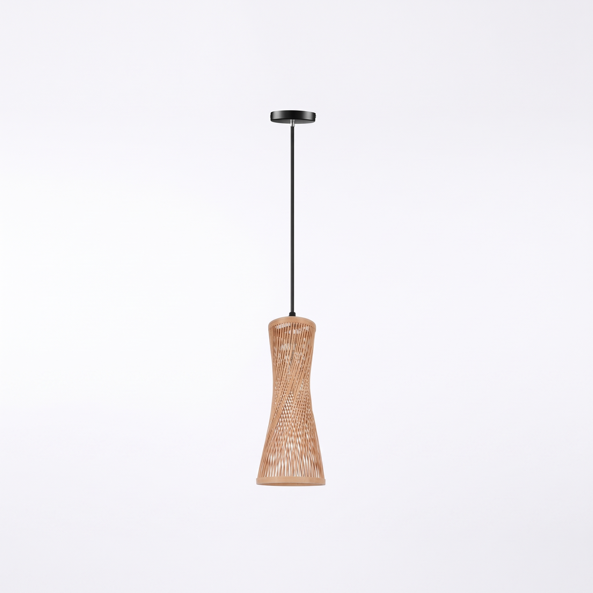 Wooden fin dome pendant light – Tall Hourglass (42 cm), on a white background