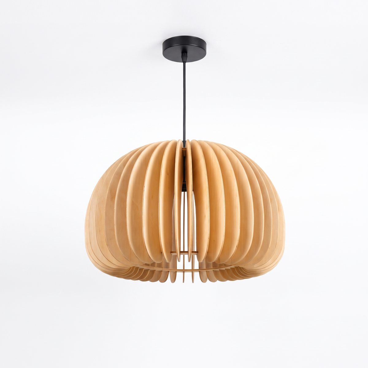 Wooden fin dome pendant light on a white background