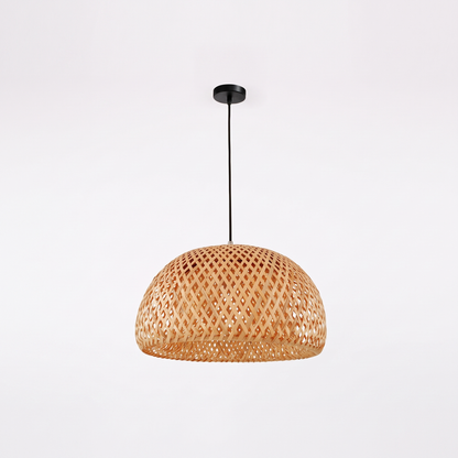 Wooden fin dome pendant light – Woven Dome – Black Canopy (28.6 cm), on a white background